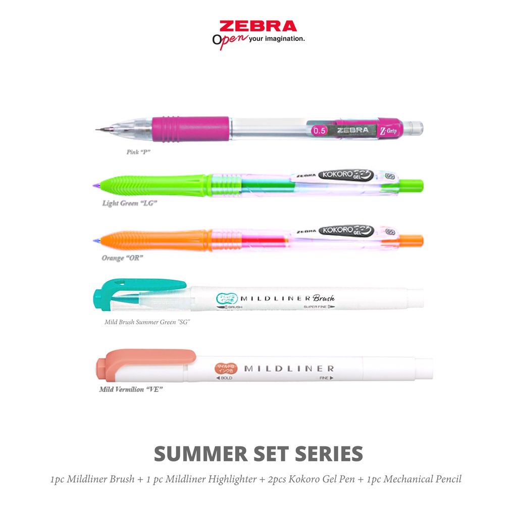 

ZEBRA Summer Set Series Kokoro Pulpen Gel 0.5mm dan Mildliner Brush Highlighter Stabilo Spidol Warna