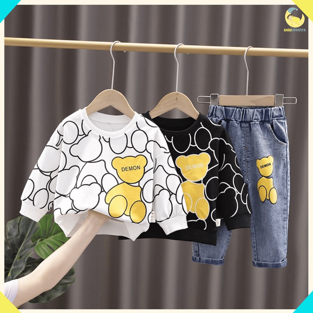 babylovanta - setelan anak laki-laki / setelan import premium / setelan anak motif SWEATER BEAR BLACK &amp; WHITE