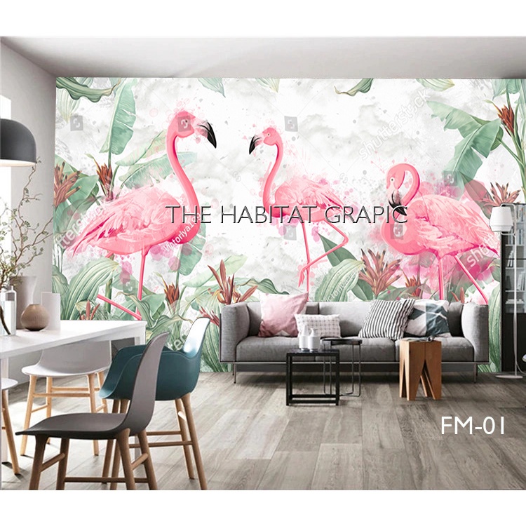 Wallpaper Dinding Custom 3d- Wallpaper dinding Flamingo-Wallpaper Tropical 3d- Wallpaper Flamingo 3d