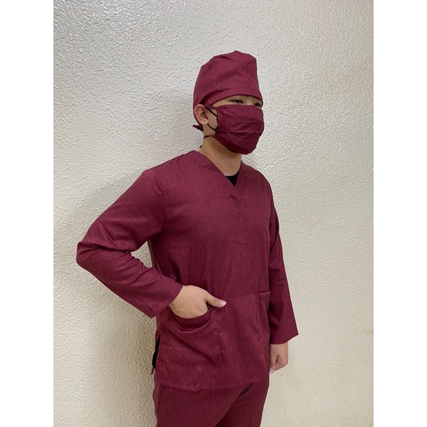 [LENGAN PANJANG] OK TWO TONE / DENIM EDITION / MEDICAL SCRUB / BAJU JAGA / BAJU OK/ BAJU PERAWAT / BAJU JAMAL DENIM / BAJU OK TWO TONE LENGAN PANJANG-MAROON-LGN PANJG