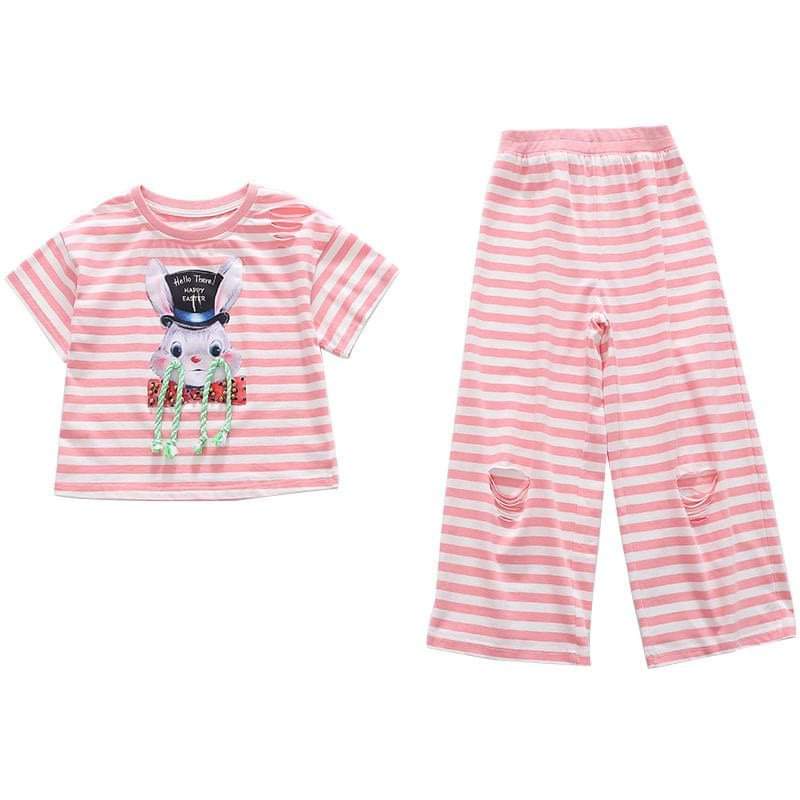 Baju Setelan Anak Perempuan Rabbit Stripe Pink