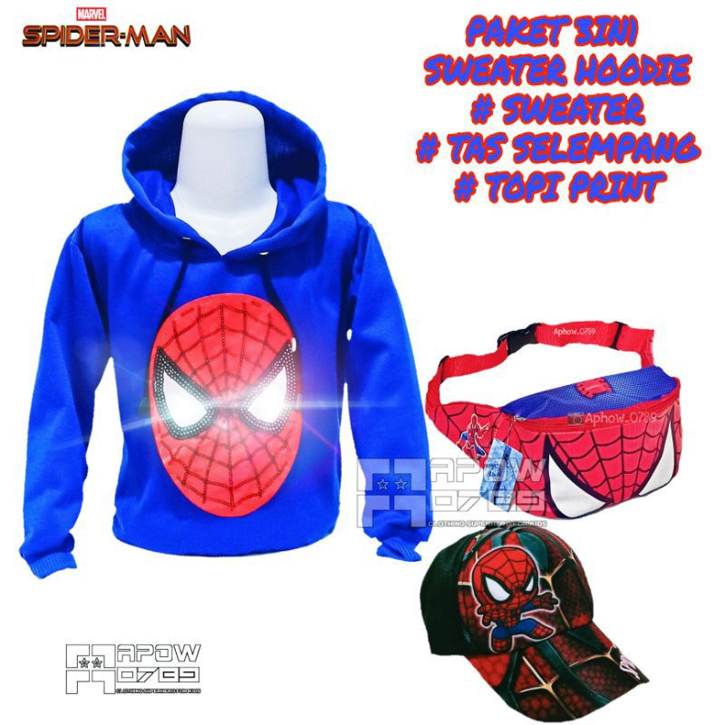 Sweater hoodie anak Led spiderman gratis waistbag topi - sweater anak