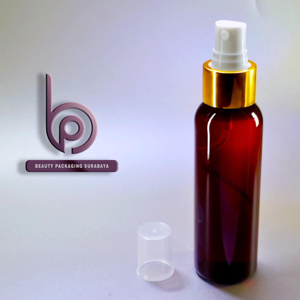 Botol plastik PET 100ml BR coklat amber tutup spray gold