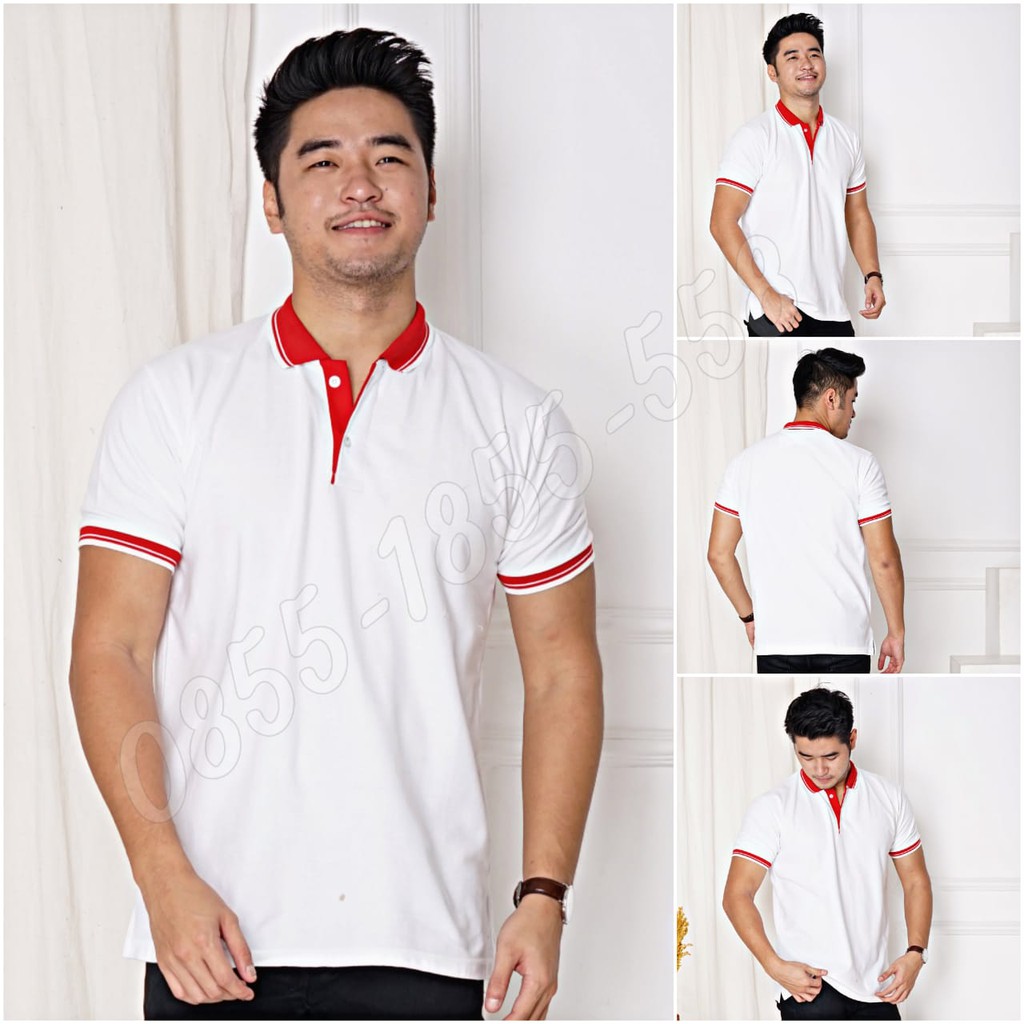 Kaos Polo Unisex Putih Kerah Merah Kaos Kerah Poloshirt Kaos Polo Unisex Putih Kerah Merah Kaos Kerah Poloshirt
