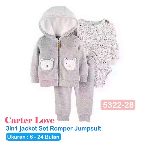 Setelan Anak Perempuan 3in1 Jaket Bodysuit &amp; Celana Cute Bear 6 Bulan - 2 Tahun