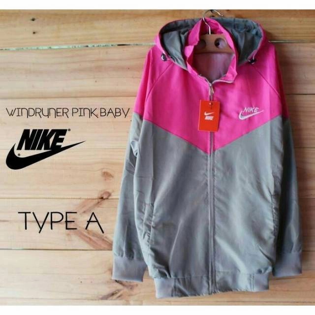 Jaket Parasut Nike Wanita Windrunner Jacket Olahraga Sport Running Lar - Pink - Abu, L