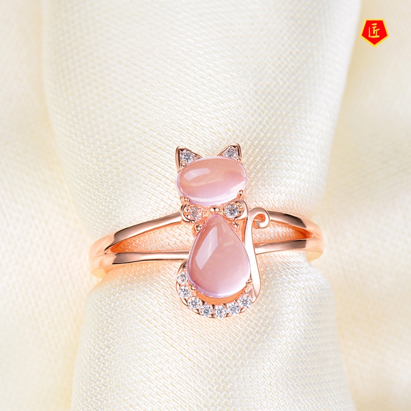 [Ready Stock]Rose Gold Pink Quartz Cat Ring Elegant and Sweet