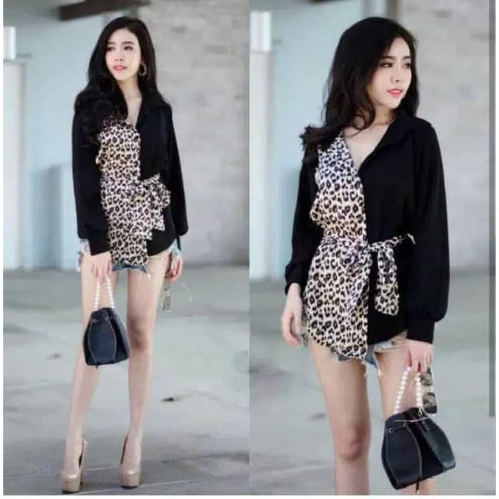 TBI Atasan Korea Twotone Color Leopard Kemeja Kombinasi Wolfis Spring Top