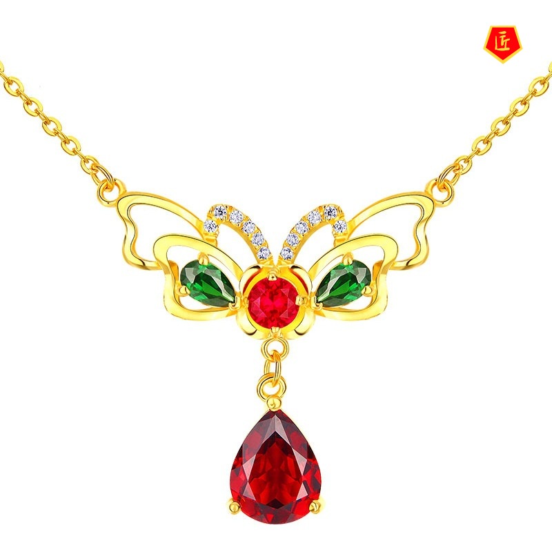 [Ready Stock]Golden Butterfly Necklace Women's Luxury Fashion Inlaid with Colored Jewels