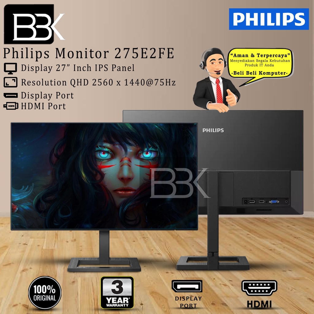 Monitor LED PHILIPS 275E2FE 27" QHD 75Hz 1ms HDMI DP 3Yr