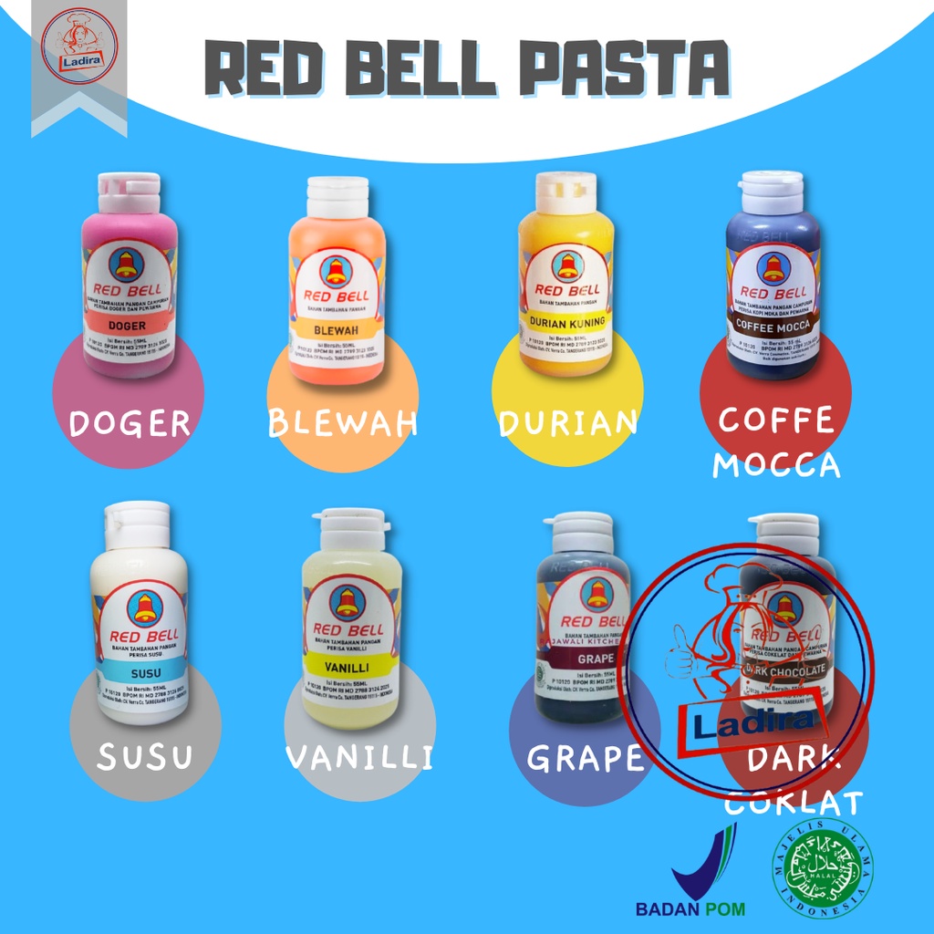 

RED BELL PASTA pasta makanan penyedap rasa perisa makanan rasa BLEWAH / COFFE MOCCA / DARK COKLAT / DOGER / DURIAN / FRAMBOZEN / GRAPE / J.KEPROK / SUSU / VANILLI / LECI / NANAS / NANGKA / PANDAN / STRAWBERRY / SIRSAK BPOM 55 ML