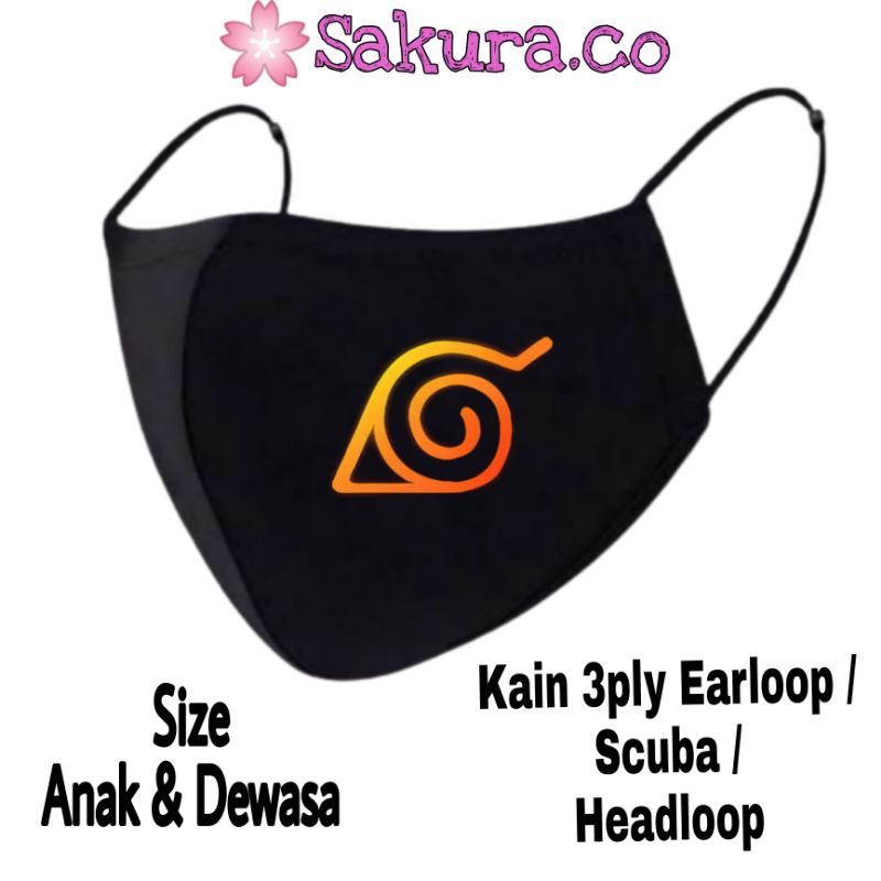 Masker Kain 3ply Anime Naruto Shippuden Simbol Logo Konoha Akatsuki Anak Dewasa - Scuba Earloop Headloop Duckbill Bisa COD dan Gratis Ongkir murah
