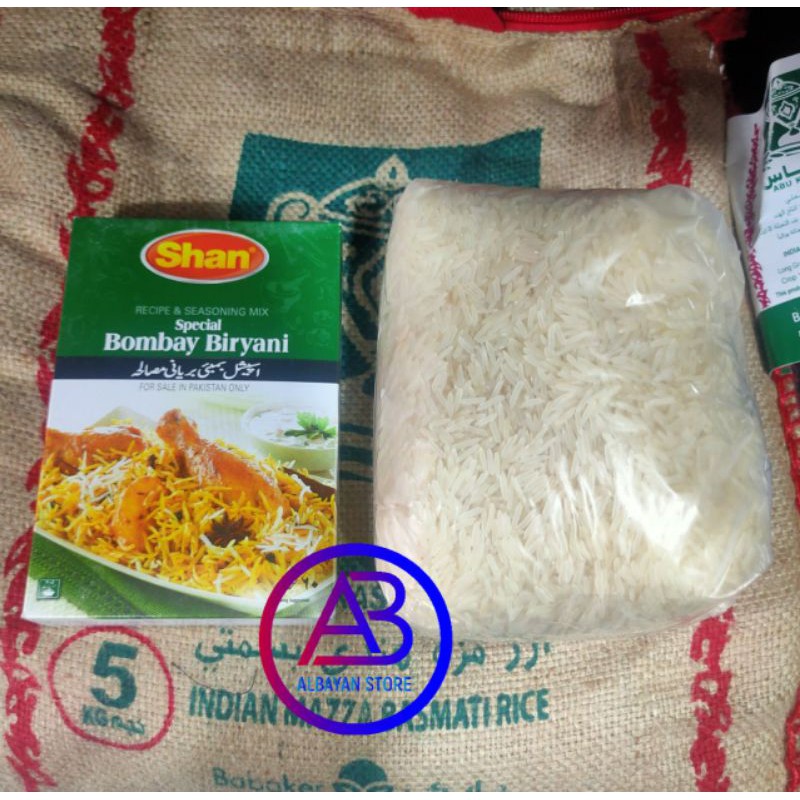 

Paket Beras Basmati Abu kass India 1 kg + Bumbu Shan Briyani Pakistan