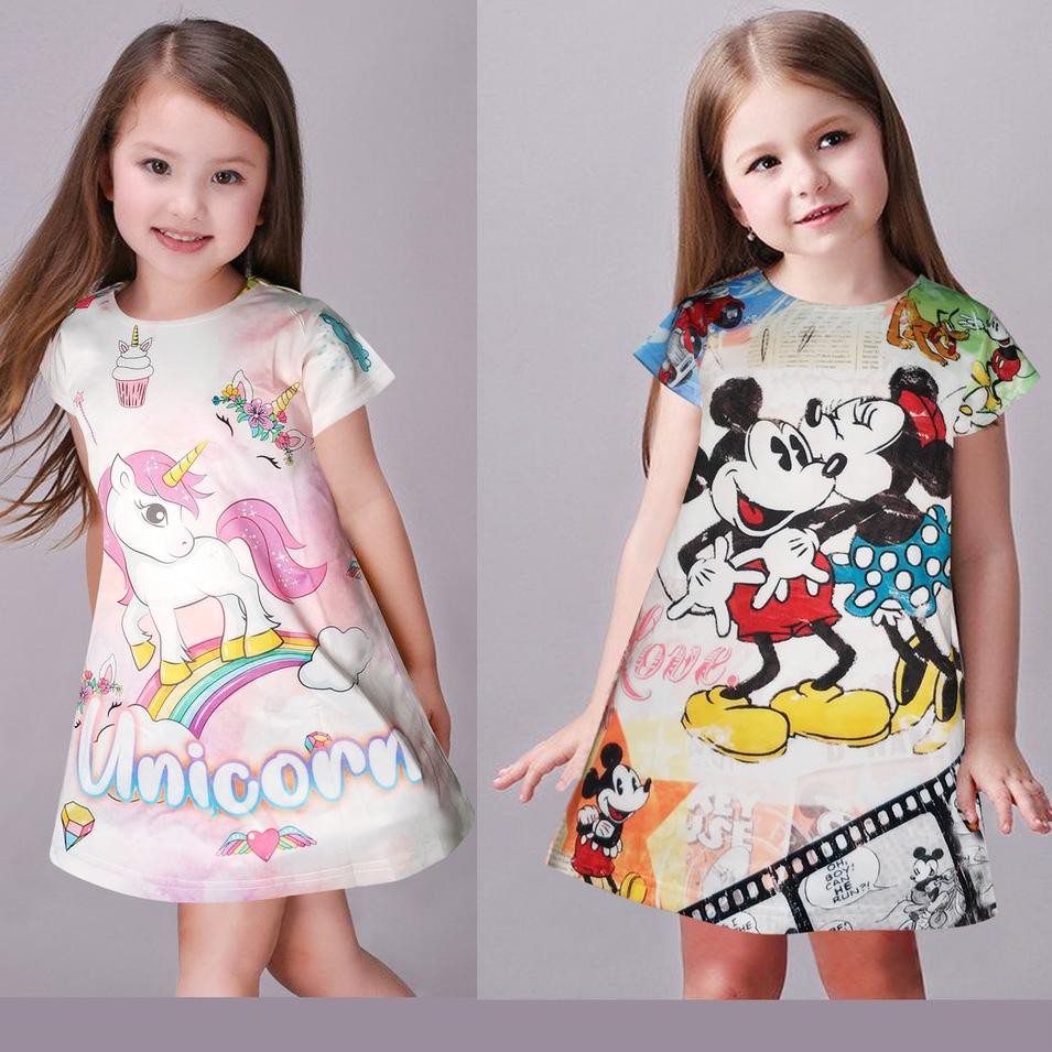 Ω Dress Daster Anak Perempuan Bahan Spandex Premium Printing Karakter Unicorn Mickey Lovely Golden ➻
