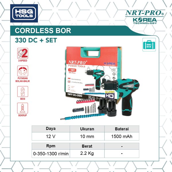 NRT-PRO 330 & SET DC MESIN BOR CORDLESS - BOR 10MM 330HD BATTERY SET HD PRO NORITA