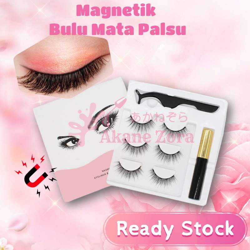 Akane Zora Bulu Mata Magnet 3 Pasang Set Tidak Perlu Lem Bulu Mata/ Bulu Mata Palsu Natural/ Bulu Mata Palsu Magnetik Magnet 3D Premium Silk Eyelash Magnetic Eyeliner/ Bulu Mata Palsu Magnetik