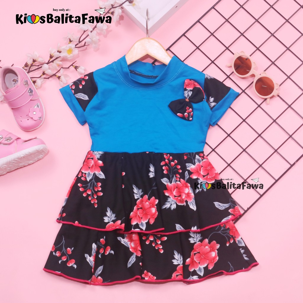 Dress Emma Lengan Size 1-2 Tahun / Dres Anak Perempuan Lengan Pita Baju Harian Pesta Fashion Kids