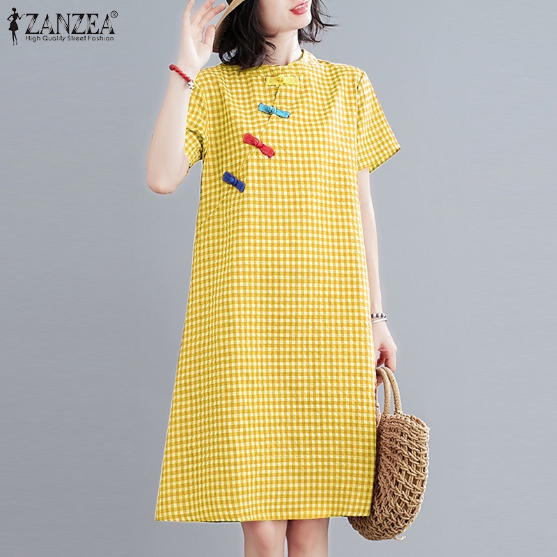 ZANZEA Womens Elegant Dress Short Sleeve Slim Buttons Baggy Plaid Printing Retro Kaftan Dress