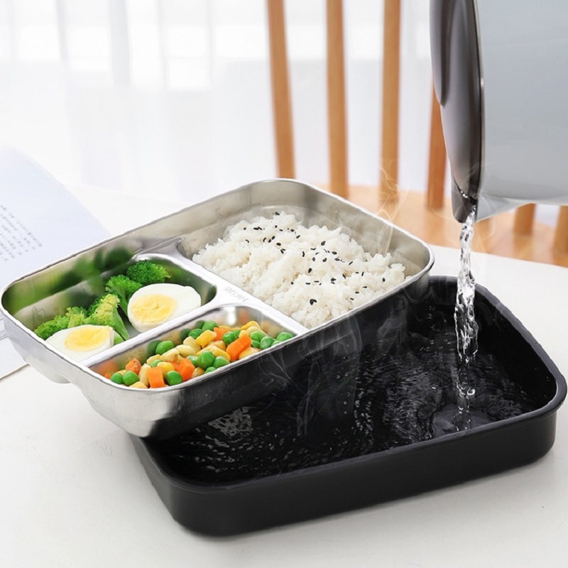 TaffHOME Kotak Makan Healthy Bento Lunch Box Stainless Steel 3 Grid 1000ml with Spoon &amp; Chopstick - OU1000 - Black