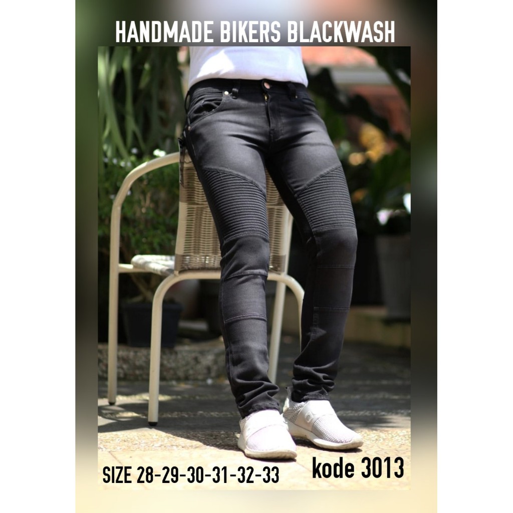 Celana Jeans Pria Skinny Biker Motor Ripped Knee Rips Sobek Robek Black Denim Streact Berkualitas