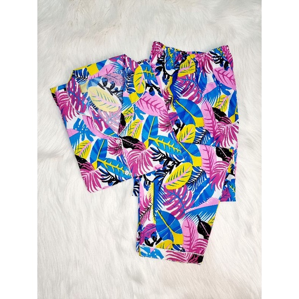 Baju Tidur Piyama Wanita/Cewek Pajamas Dewasa Katun Motif Daun-CP JANBOL PINK