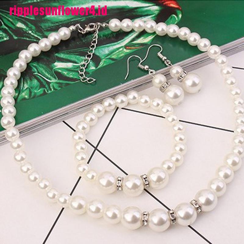 Set Perhiasan Kalung Anting Gelang Kristal Mutiara Untuk Pernikahan Wanita