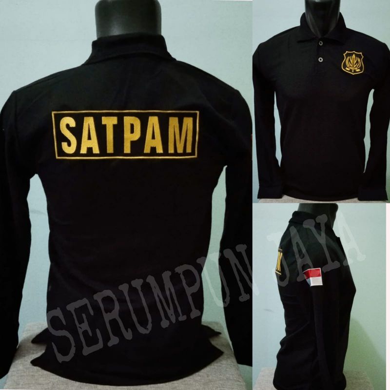 KAOS SATPAM LENGAN PANJANG - KAOS KERAH SECURITY LOGO KUNING PANJANG HITAM FULL BORDIR