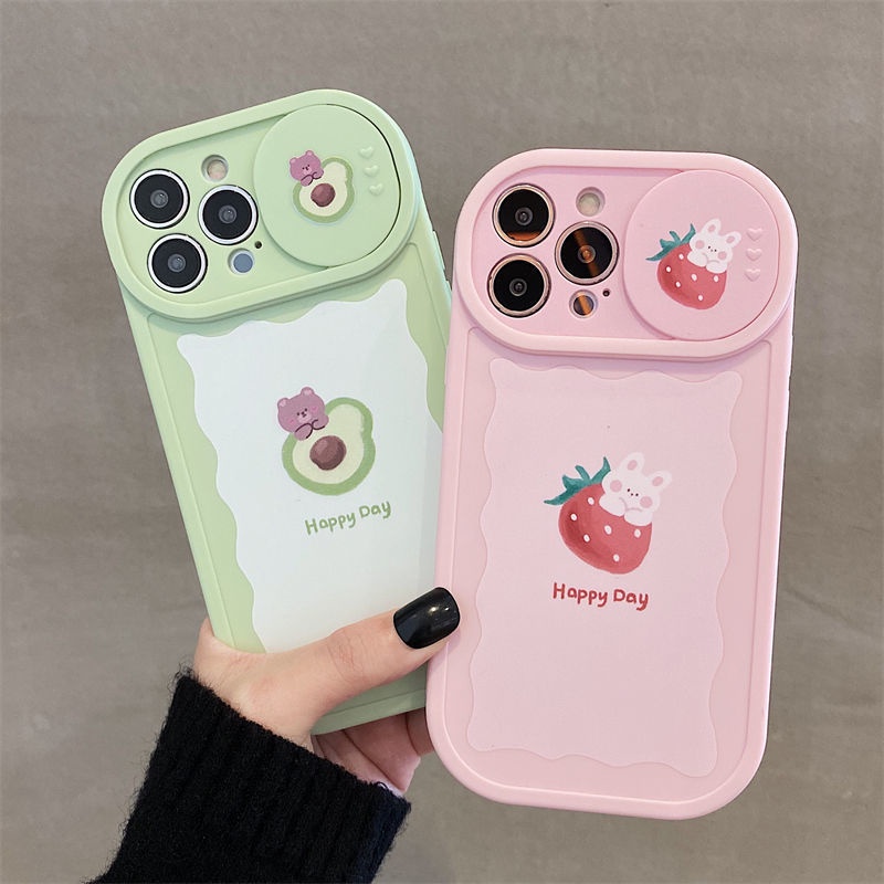 Casing iphone 12 13 11 Pro Max X Xs Max Xr Tko5 Motif Alpukat Strawberry Dengan Jendela Geser