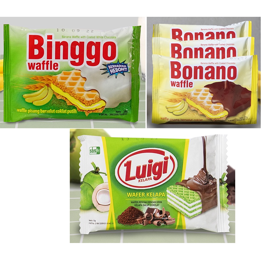 

Binggo Waffle Pisang Salut Coklat Putih / Bonano Waffle Pisang Salut Cokelat / Luigi Wafer Kelapa Renteng isi 20 pcs