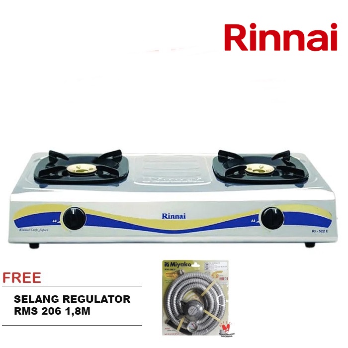 PROMO !!! Rinnai RI-522E Stainless / Kompor Gas 2 Tungku FREE Paket Miyako Selang Regulator Gas Meter