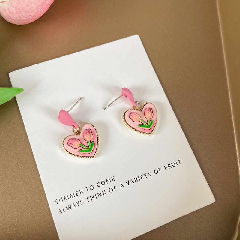 Anting Bentuk Hati Tulip Warna Pink Untuk Aksesoris