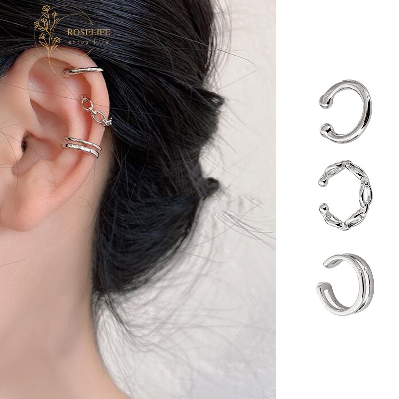 Roselife 3PCs / Set Anting Klip Tanpa Tindik Bentuk Geometri Warna Silver Untuk Wanita