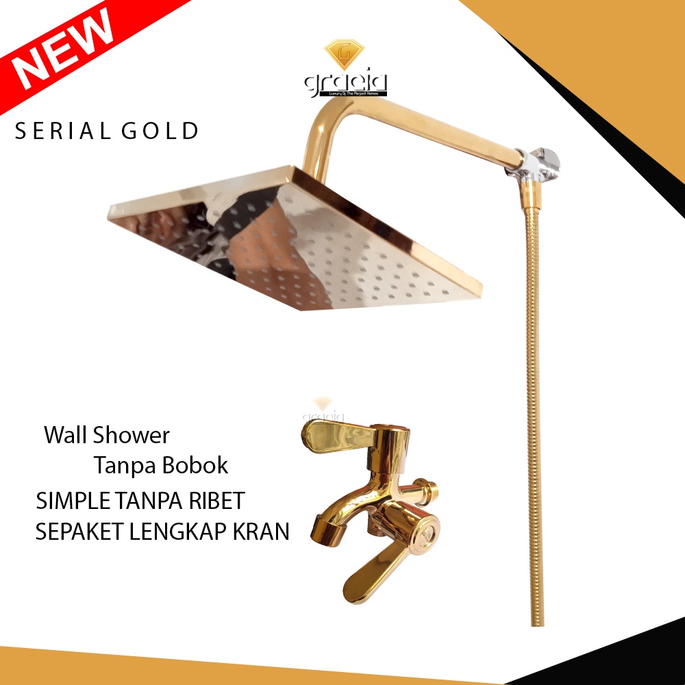 Wall Shower Rainfall Gold 8 inch Besar Set Kran Cabang | Shower Tanpa Bobok Selang 150cm Gold