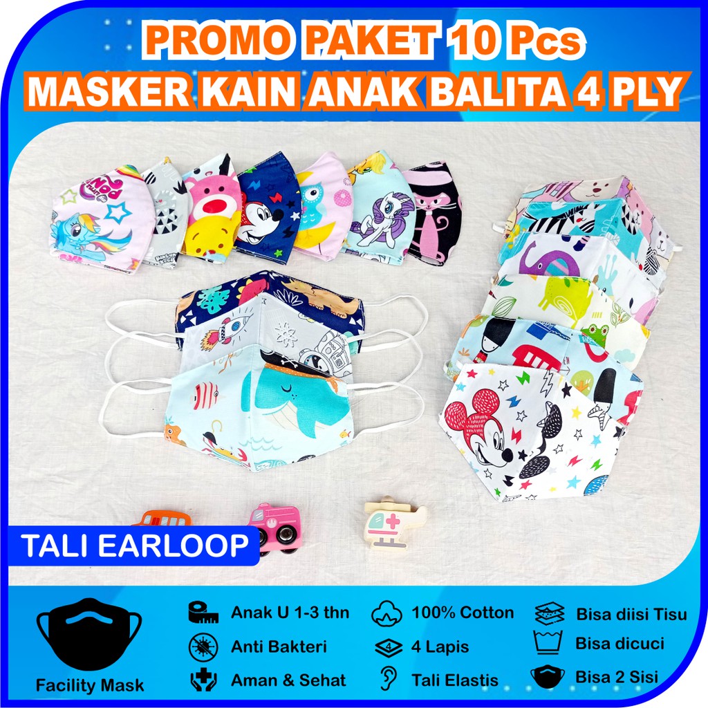 Paket Masker Kain Katun Anak Balita 4 Ply bisa diisi tisu model duckbill 10 pcs