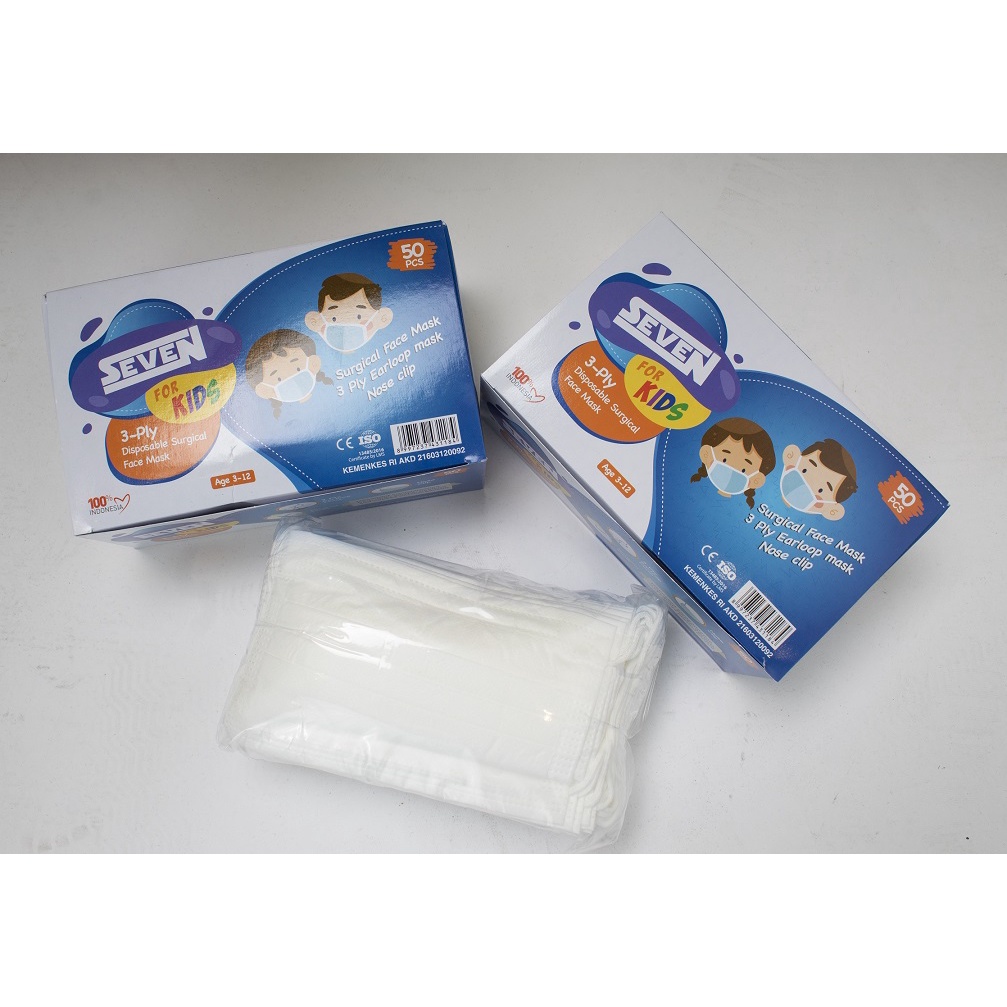 Fortglass Masker anak SEVEN KIDS POLOS Masker Medis untuk anak 3ply 50pcs