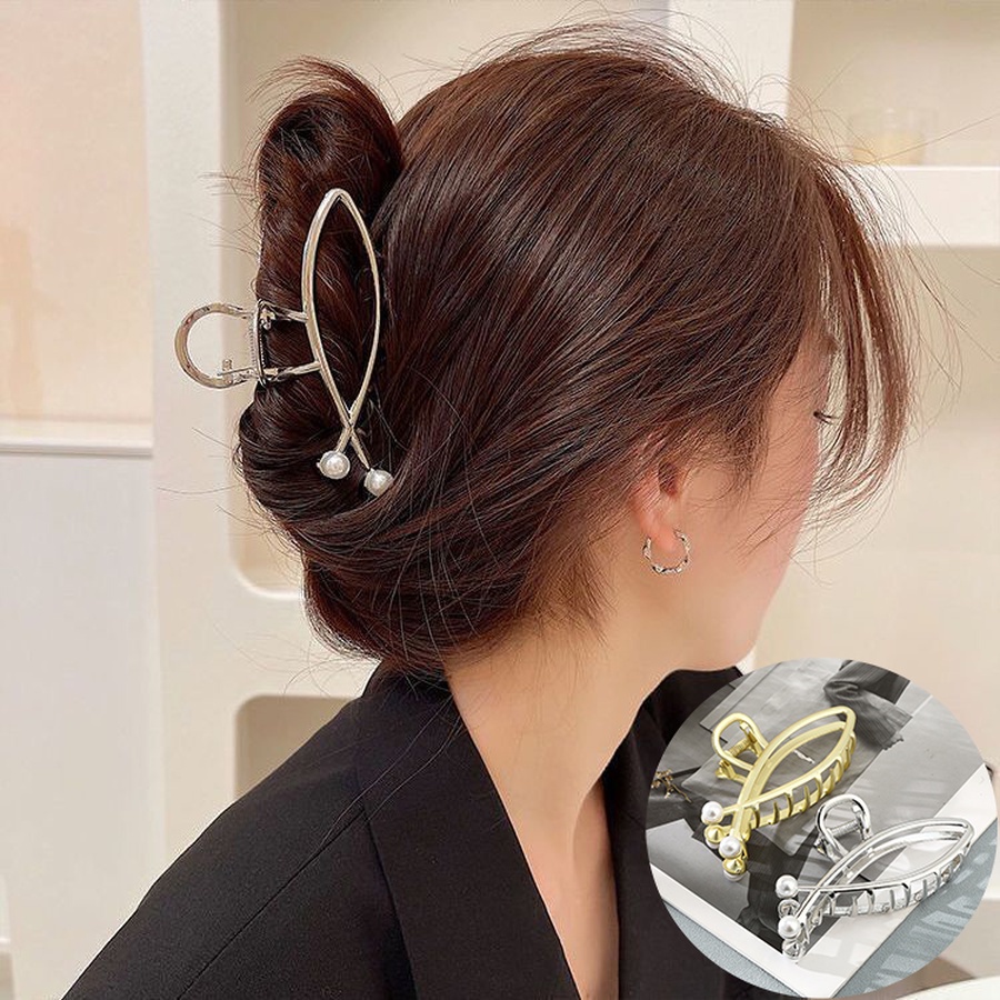 Jepit Rambut Ponytail Ukuran 10.5cm Bahan Alloy Metal Aksen Mutiara Gaya Korea Untuk Wanita