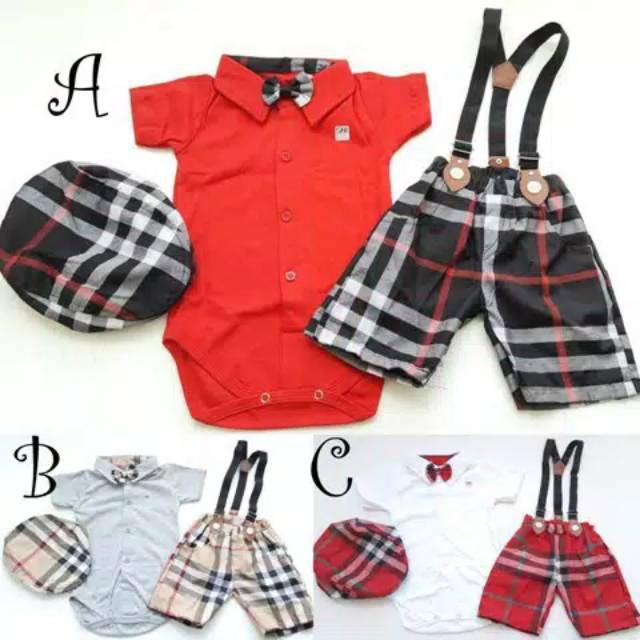 One set Bayi laki-laki baju bayi celana suspender free topi