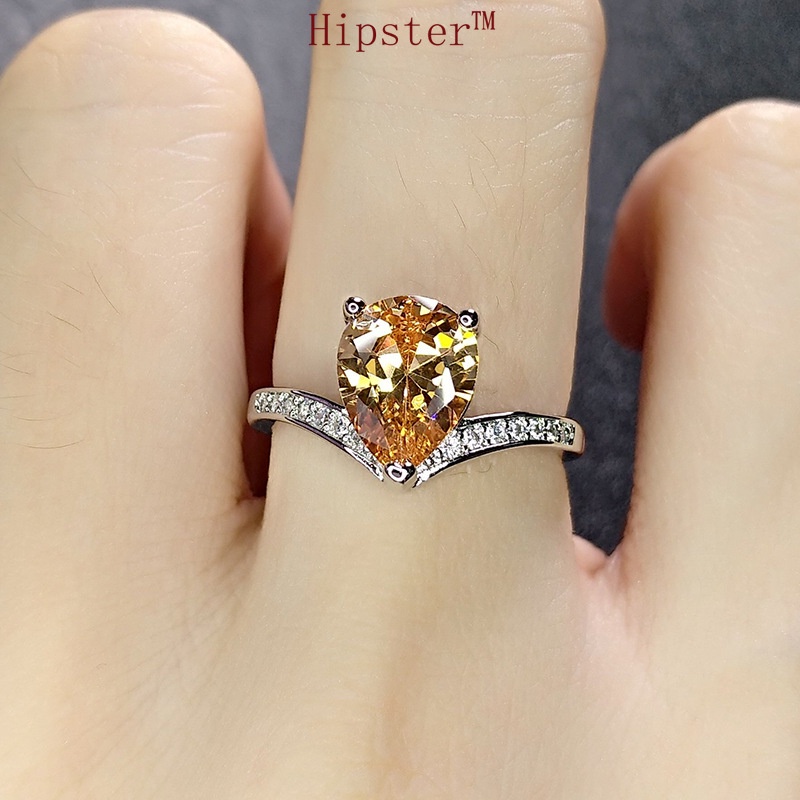 Hot Sale Fashion Trend Light Luxury Inlaid Platinum Champagne Crystal Drop-Shaped Ring