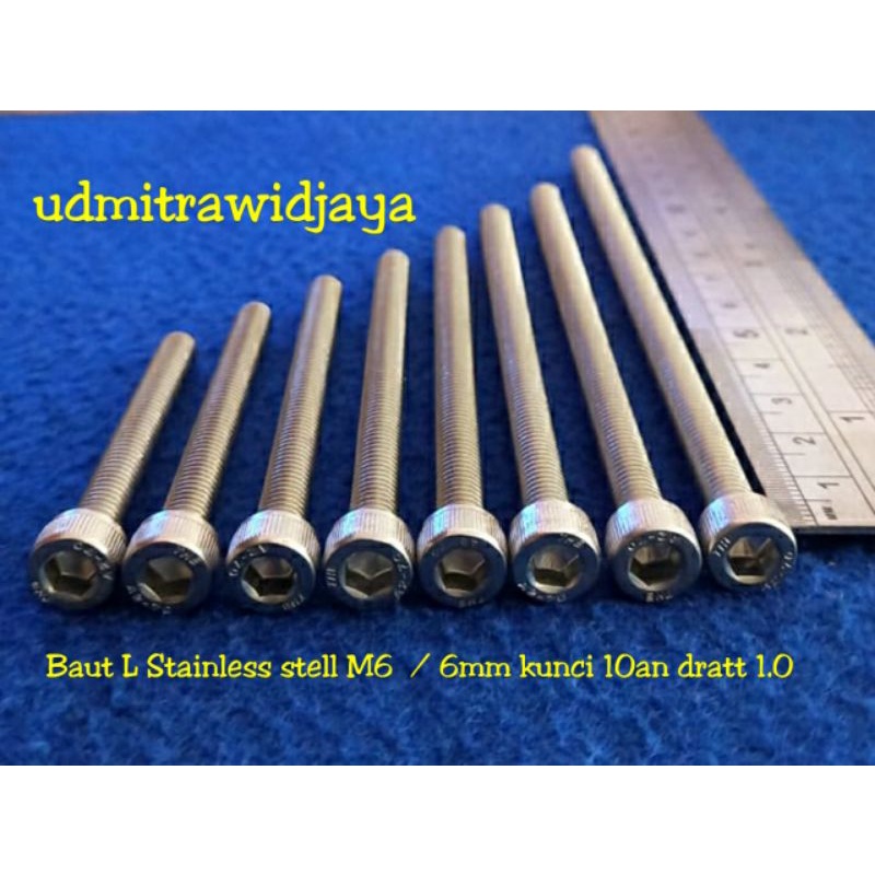 BAUT L STAINLESS STELL M6x20,25,30,40,50,60,70,80,90,100,110,130 A2-70 304 baut 10an baut L ss M6 diameter 6 mm p1.00 baut kunci 10 baut fulldratt stenlis baut pangkon cnc baut probolt Ss baut jalu  harga bijian baut variasi stenlis anti karat kunci L 5mm