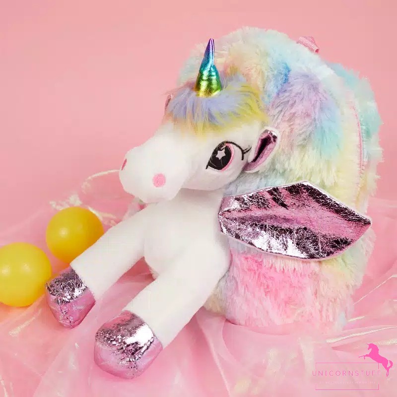 Tas Ransel Unicorn Sekolah Bulu Plush Boneka Unicorn Timbul Anak Cewek Kado