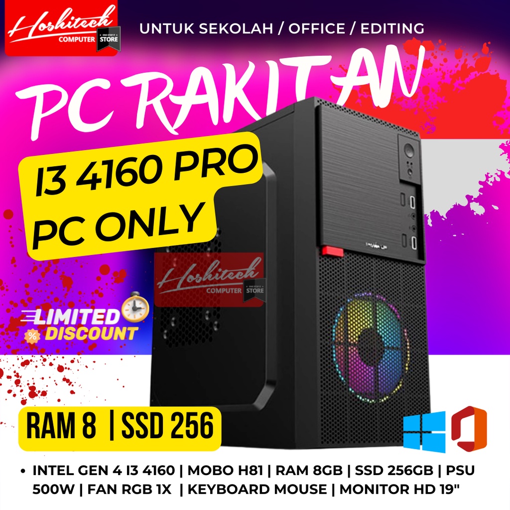 PC RAKITAN EDITING GAMING I3 4160 PRO RAM 8GB SSD256 MONITOR 19 INCH