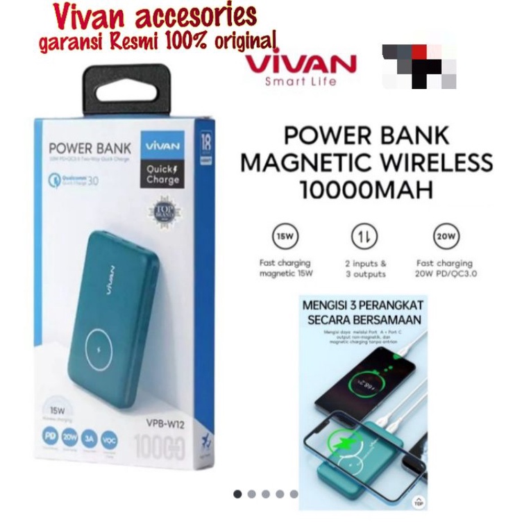 VIVAN VPB-W12 Powerbank 10000MAH. Magnetic Wireless 3 Output Fast Charging 20W-Green