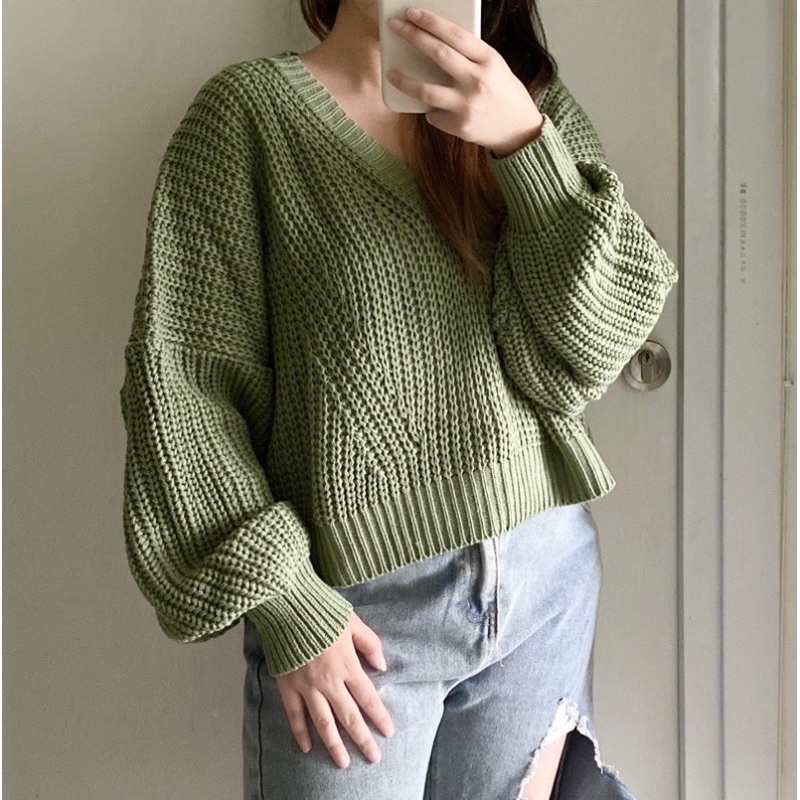 HANNA SWEATER CROP TOP SIDO BOLONG NARA KNIT / OVERSIZED SWEATER / RAJUT TEBAL LENGAN PANJANG