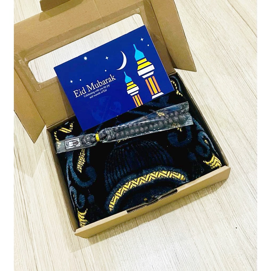 Hampers Sajadah Turkey Midi Black 110x50cm Tebal Lembut dengan Tasbih Souvenir Kado