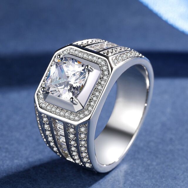 ☍ﺴ✆925 sterling silver disepuh 18K cincin emas putih pria simulasi cincin berlian cincin mendominasi