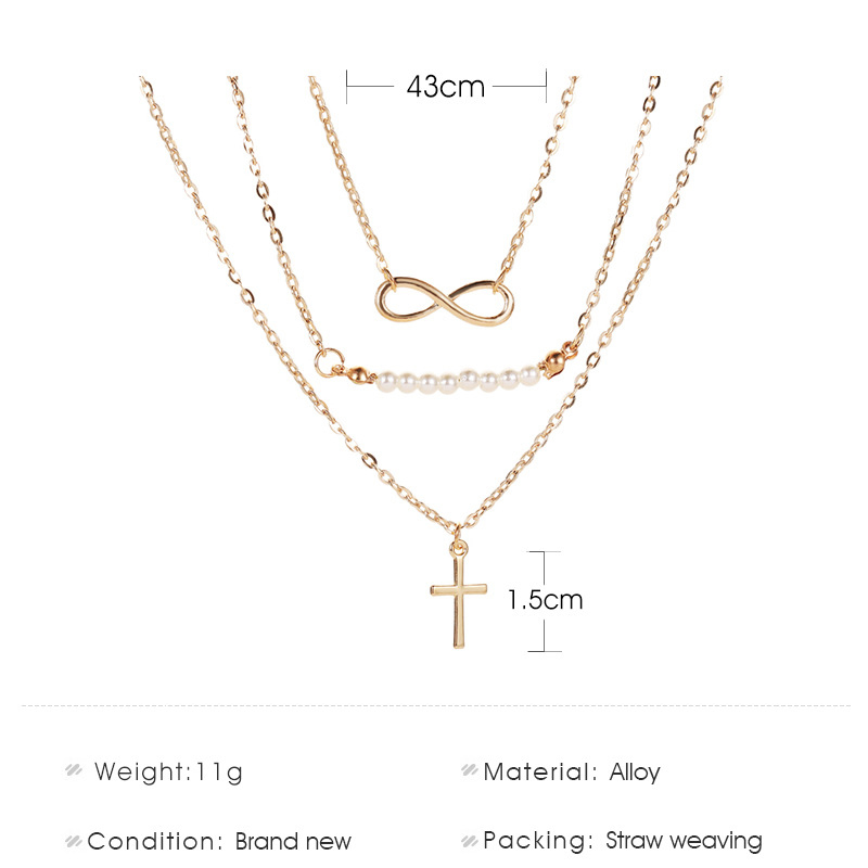 Tren Kalung 8 Kata Mutiara Multilayer Kalung Liontin Salib Rantai Klavikula Fashion Kalung Tiga Lapis