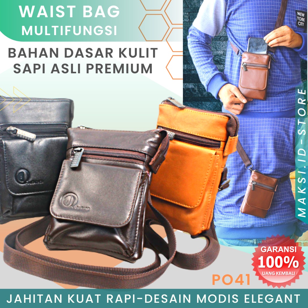 Tas Selempang Pria Kulit Sapi Asli Tas Slempang Pria Kulit Waistbag Pria P041 Tas HP Selempang Genuine Leather Multifungsi For Smartphone P041 GARANSI ORIGINAL