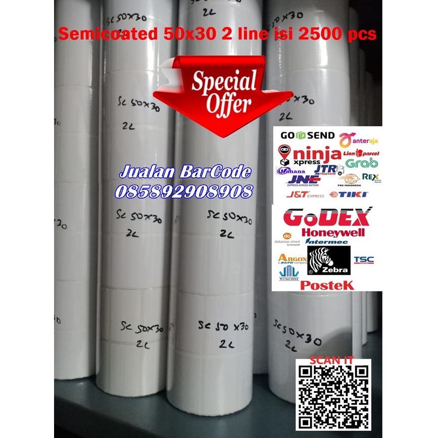 

LABEL BARCODE SEMICOATED | SEMICODE | SEMICOT 50mm x 30mm | 50X30 | 50 x 30 2L 2500 PCS 1'