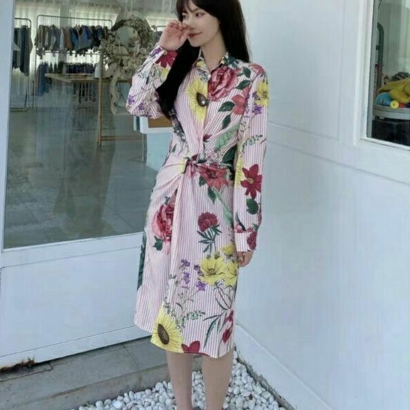 55100 Baju dress tunik stripe pink floral wanita import baju dress gaun pesta cewek import korea