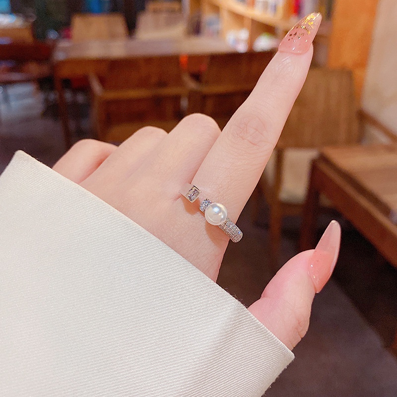 Cincin Model Terbuka Dapat Disesuaikan Aksen Mutiara Dan Berlian Untuk Wanita